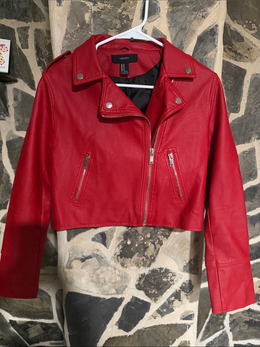 Forever 21 Red Faux Leather Cropped Moto Jacket